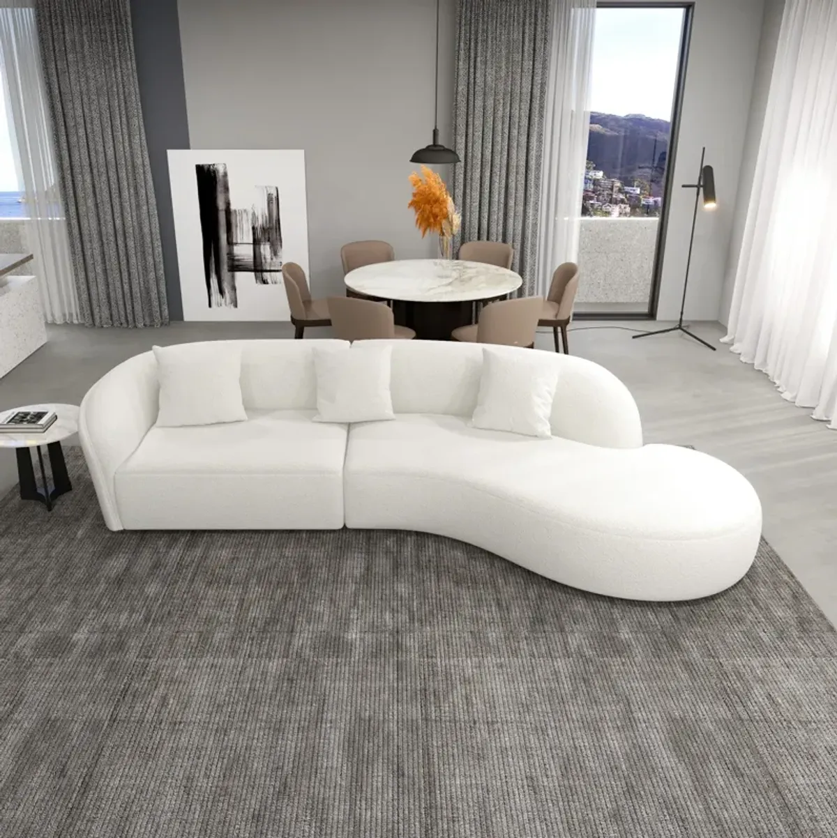 Galleria Japandi Style Curvy White Boucle Sectional Sofa