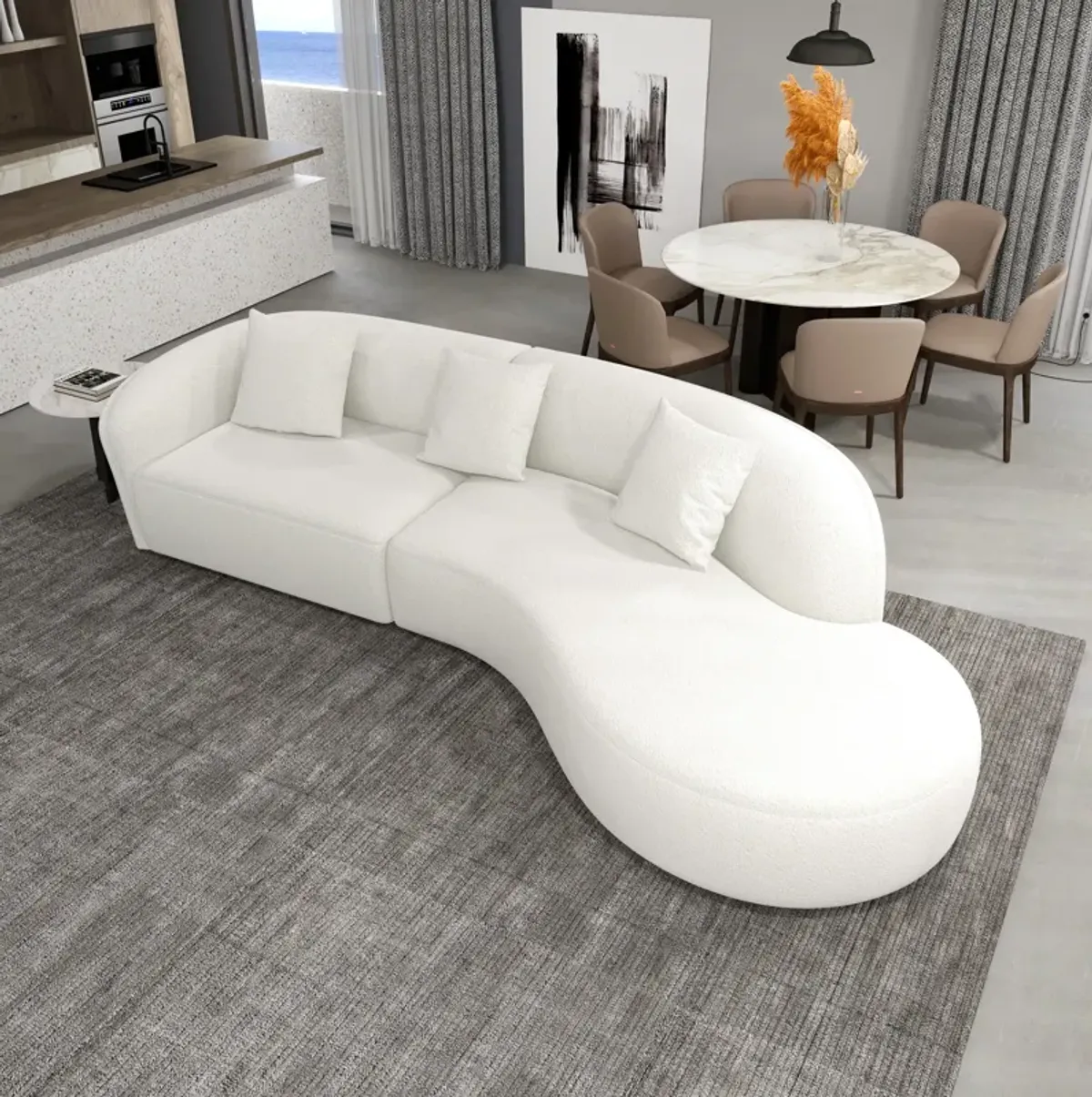 Galleria Japandi Style Curvy White Boucle Right Sectional Sofa