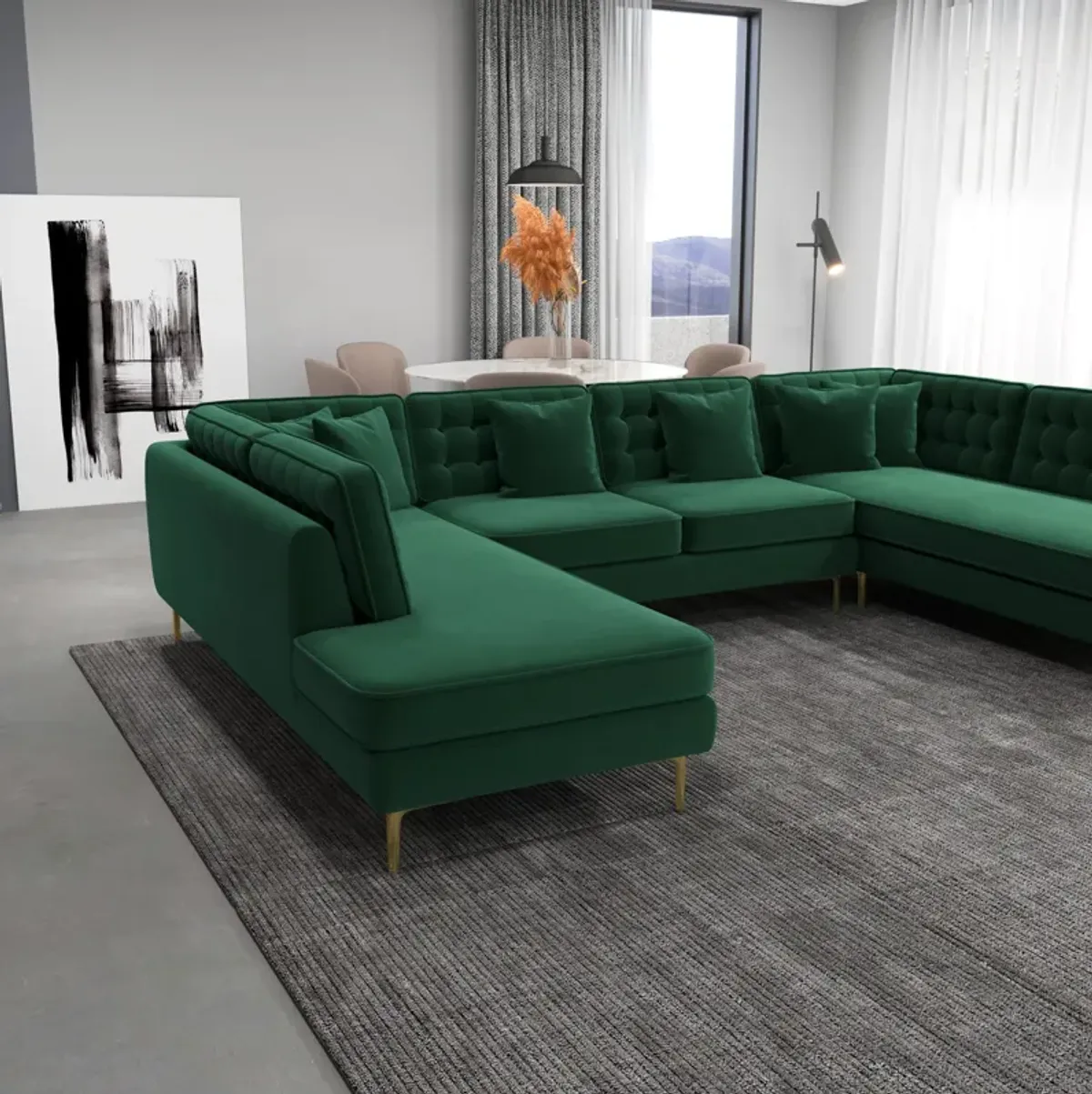 Caleb Dark Green Velvet U Shape Corner Sofa