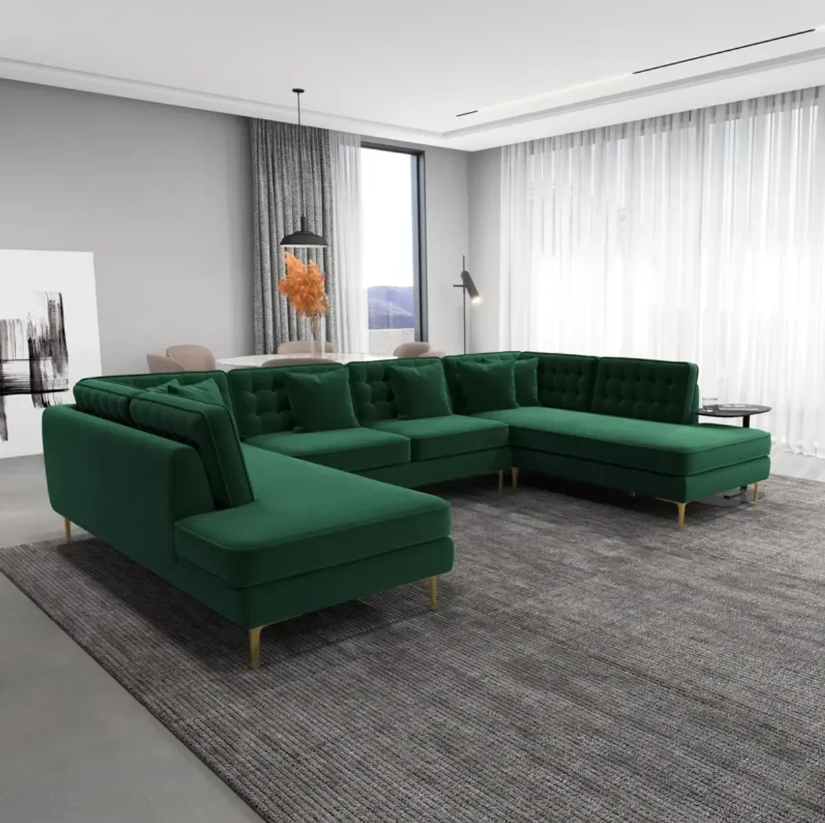 Caleb Dark Green Velvet U Shape Corner Sofa