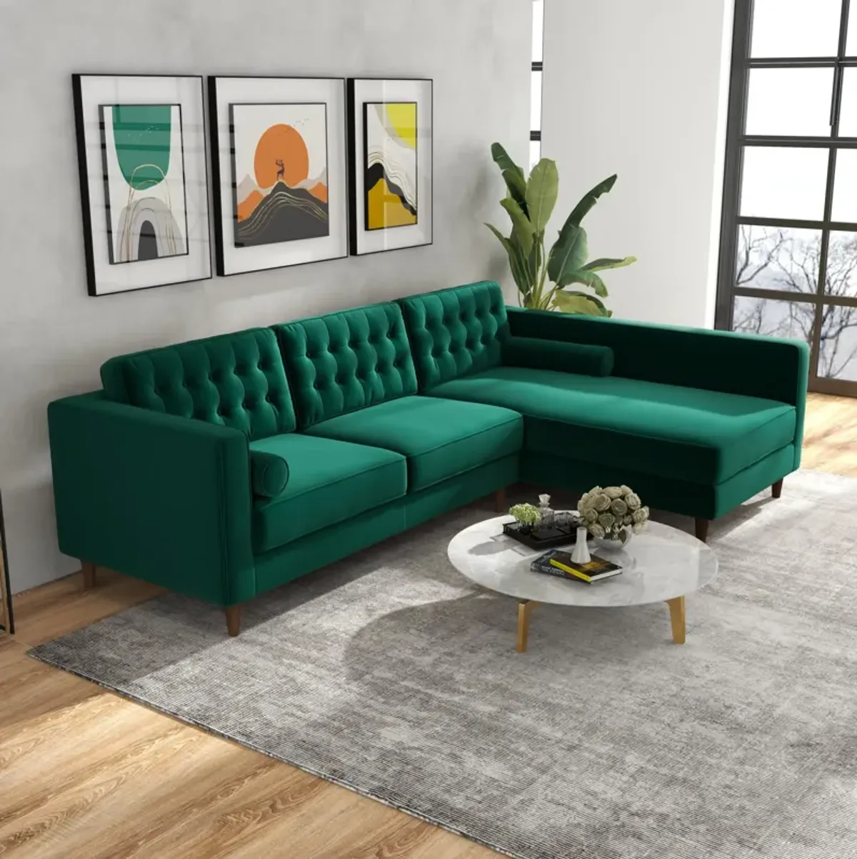 Olson Green Velvet Sectional Sofa Right Chaise