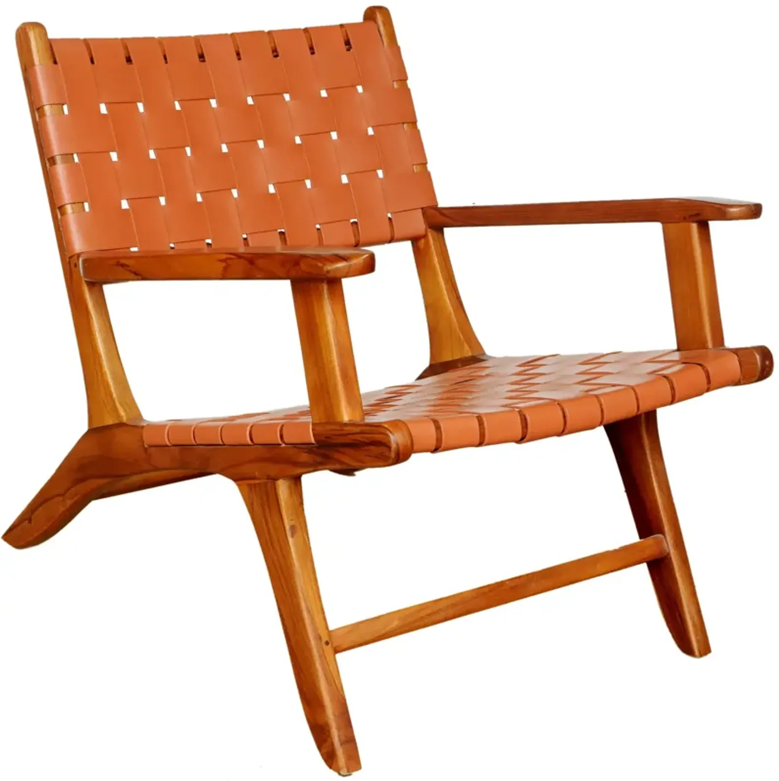 Lento Tan Strap Leather Teak Wood Lounge Chair