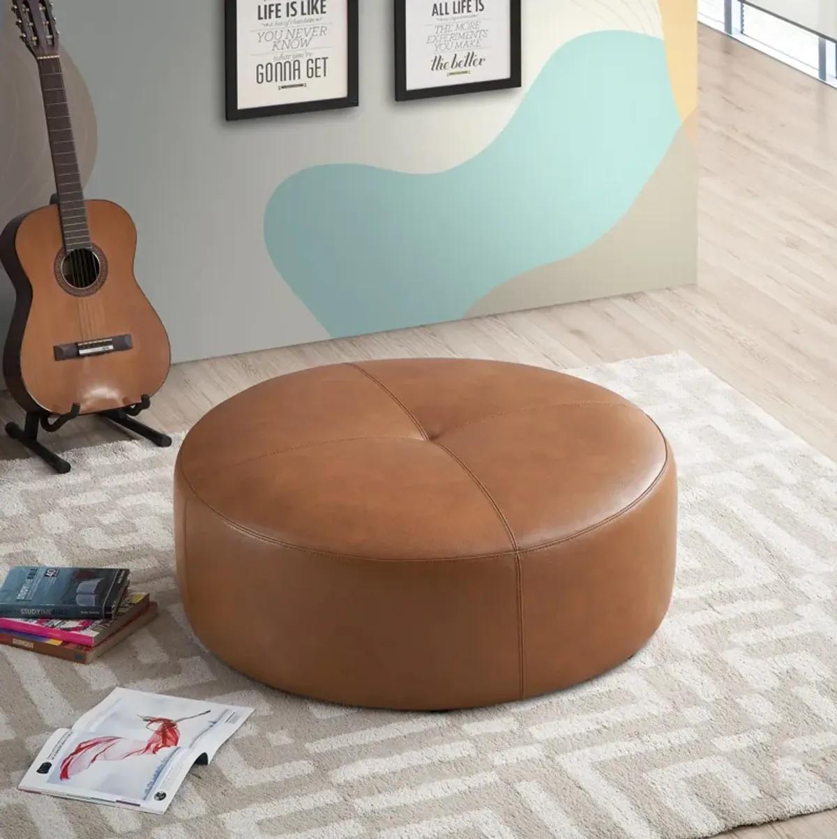 Rochelle Tan Leather Ottoman