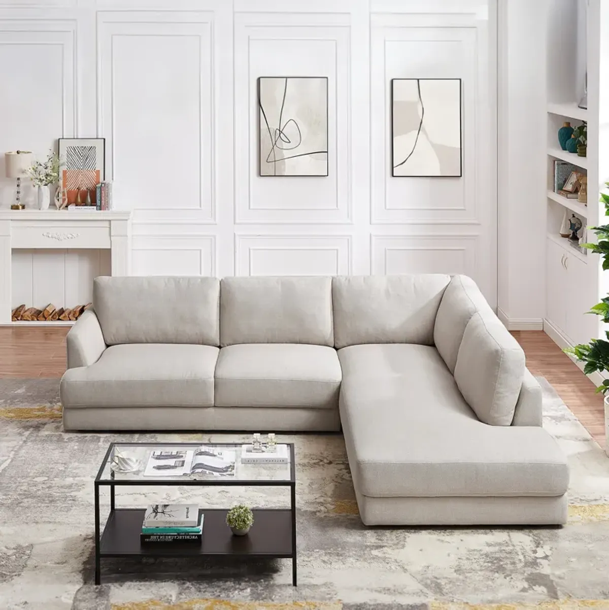 Glendale Cream Linen L-Shaped Right Sectional Sofa