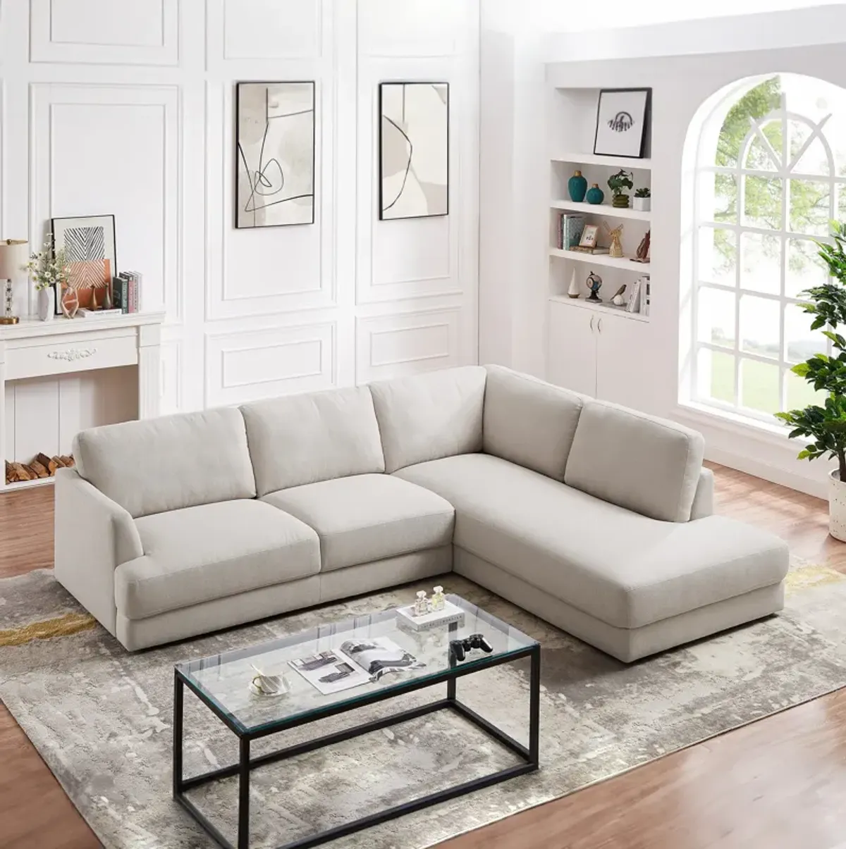 Glendale Cream Linen L-Shaped Right Sectional Sofa