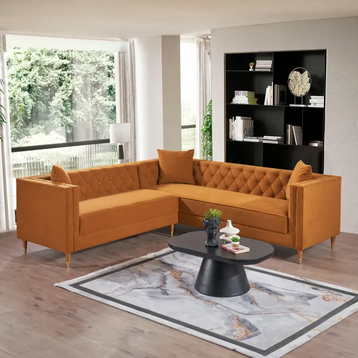 Lewis Cognac Velvet Symmetrical Corner Sofa