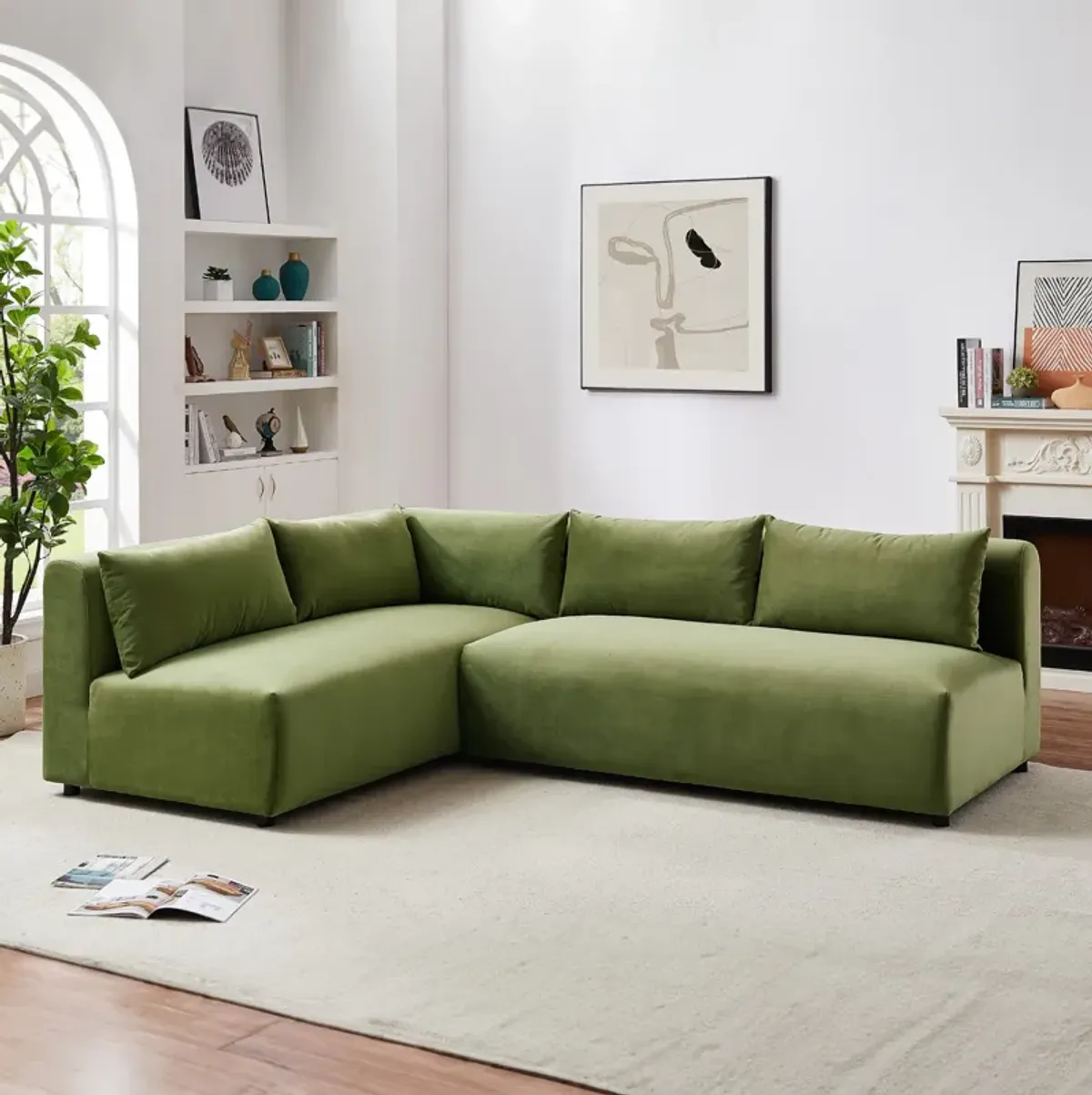 Albany Olive Green Velvet Modular Corner Sectional Modern Sofa