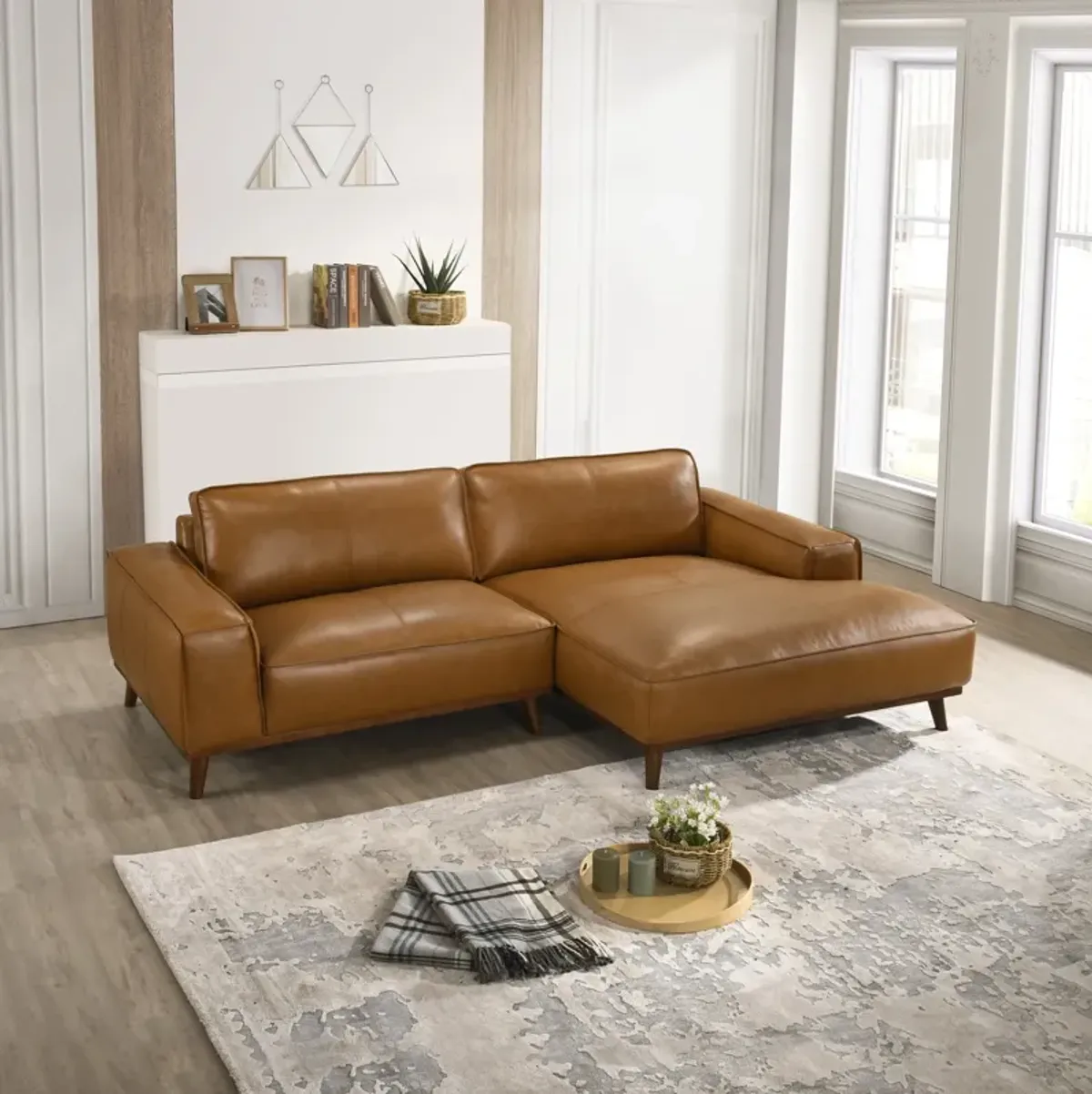 Clifton Tan Leather Sectional Sofa Right Facing Chaise