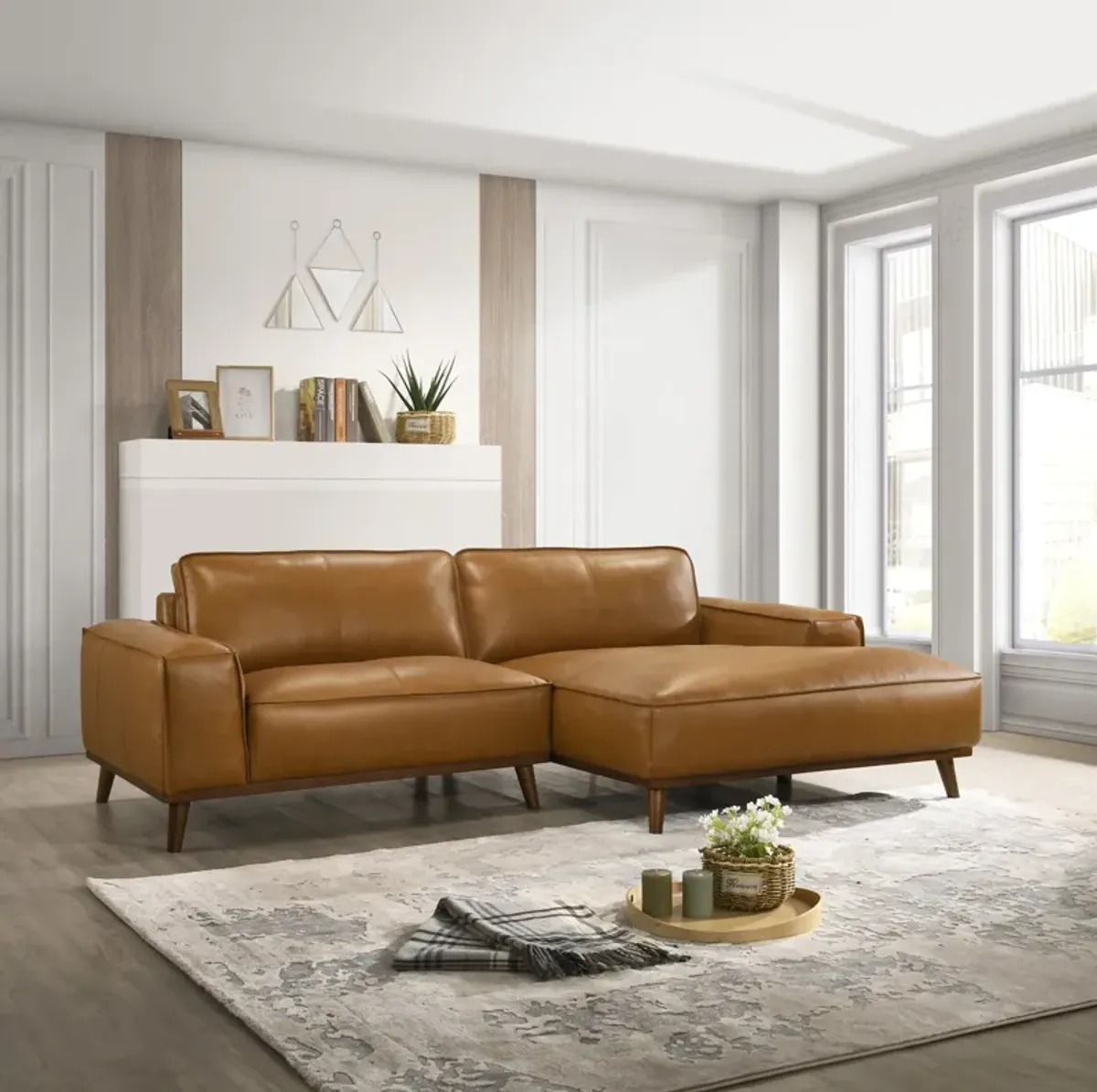 Clifton Tan Leather Sectional Sofa Right Facing Chaise