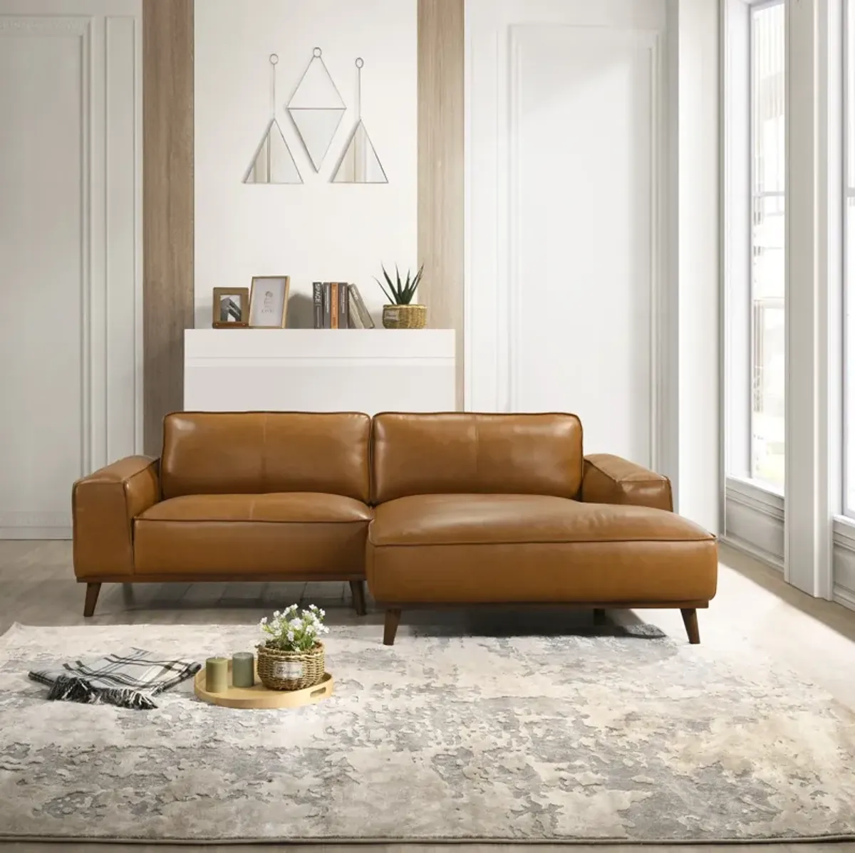 Clifton Tan Leather Sectional Sofa Right Facing Chaise