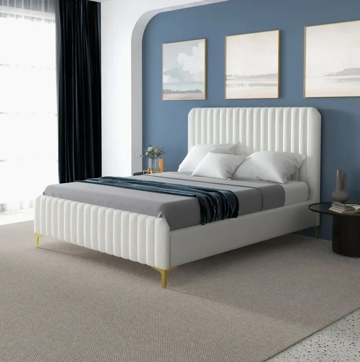 Angela Queen Cream Boucle Platform Bed