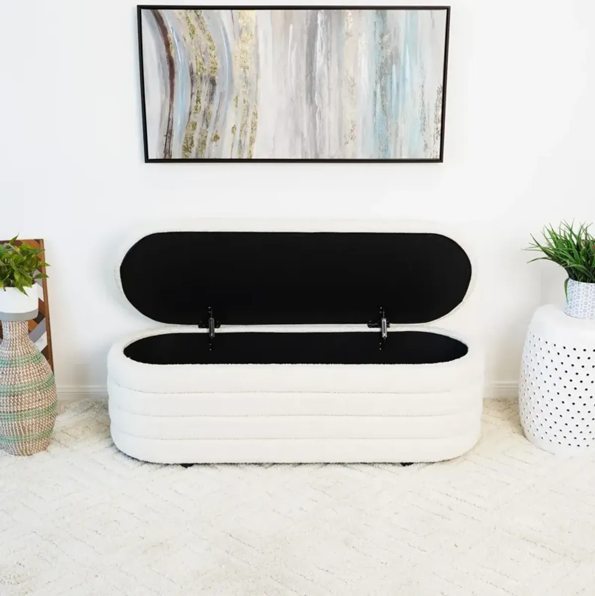 Calion White Boucle Storage Bench