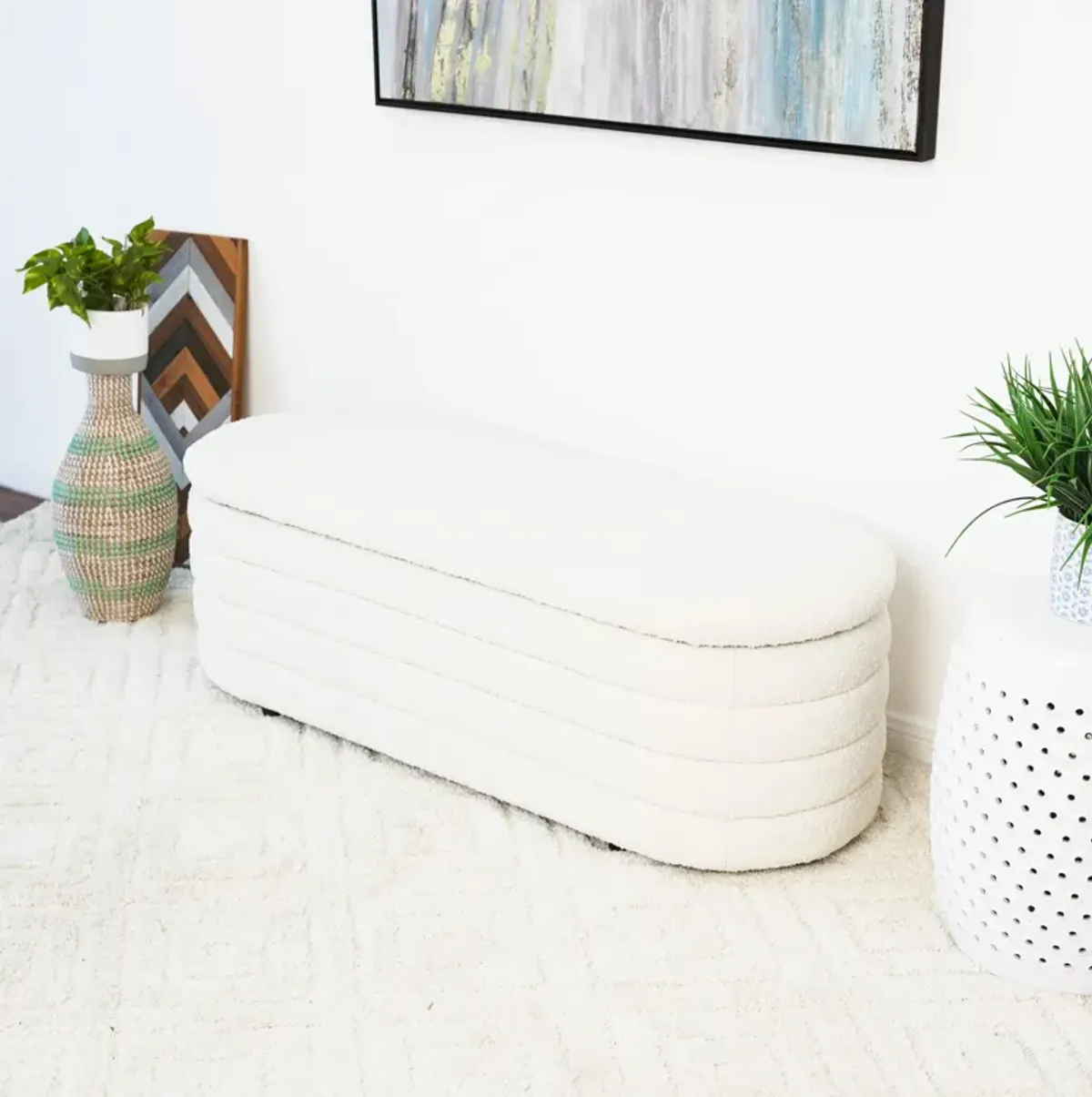 Calion White Boucle Storage Bench