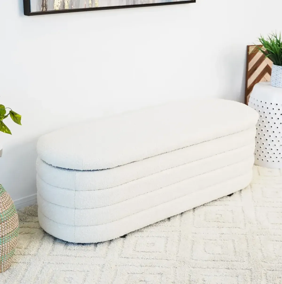 Calion White Boucle Storage Bench