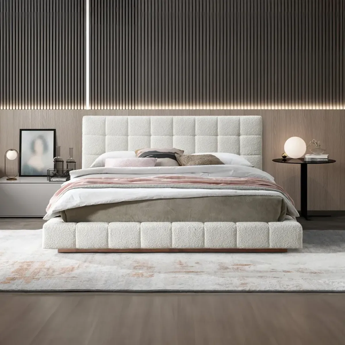 Hughes Queen Ivory Boucle Platform Bed