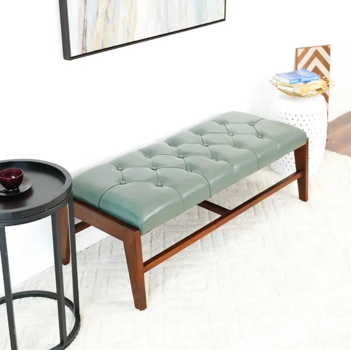 Hammond Green Leather Bench with Buttons