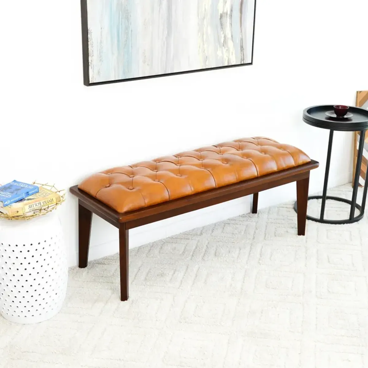 Arlington Tan Leather Bench w/Buttons