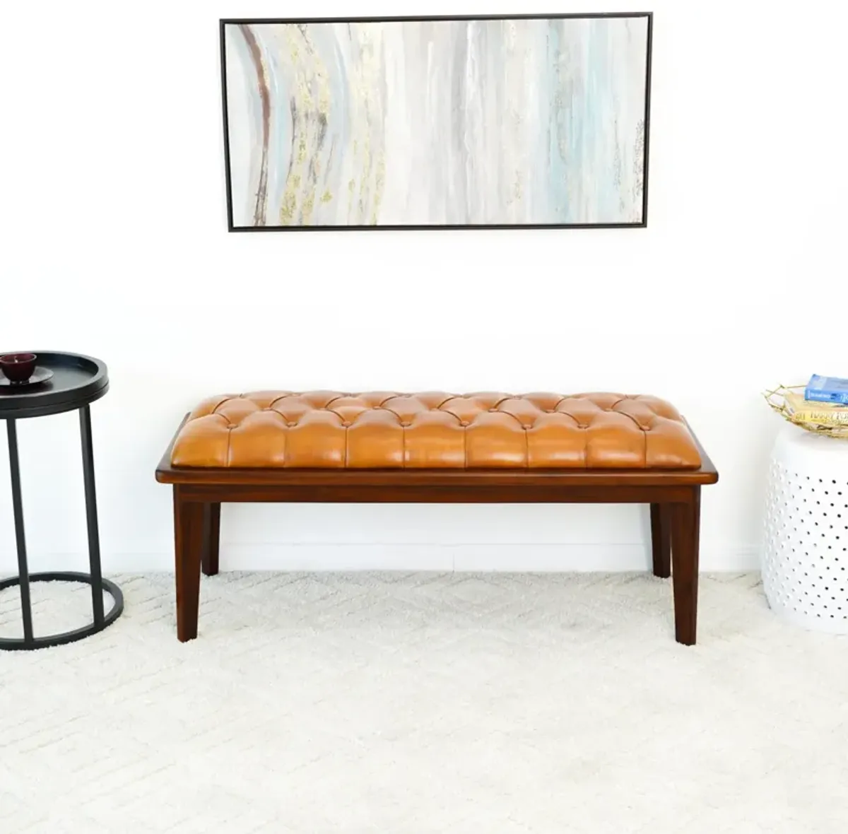 Arlington Tan Leather Bench w/Buttons