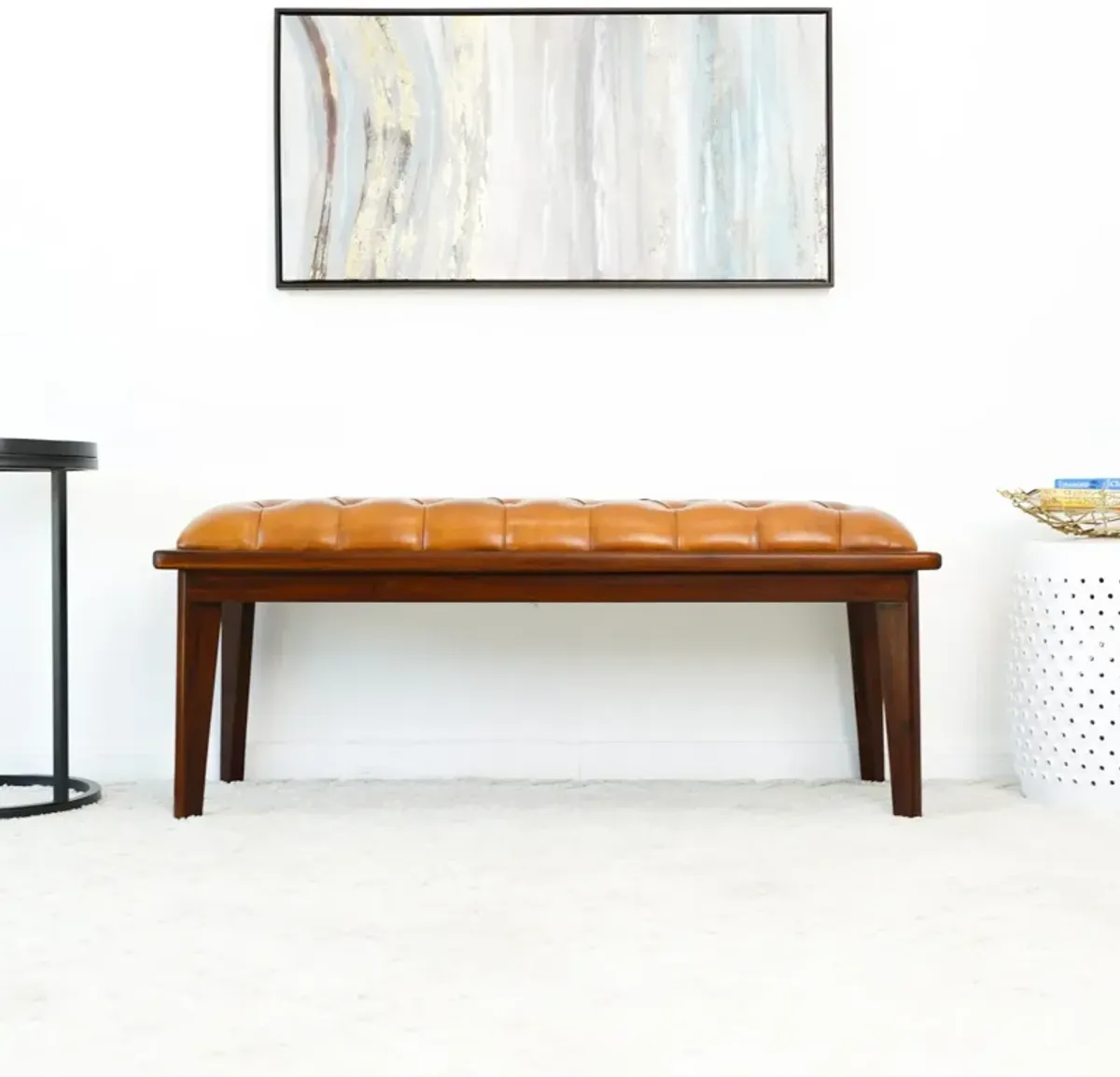 Arlington Tan Leather Bench w/Buttons