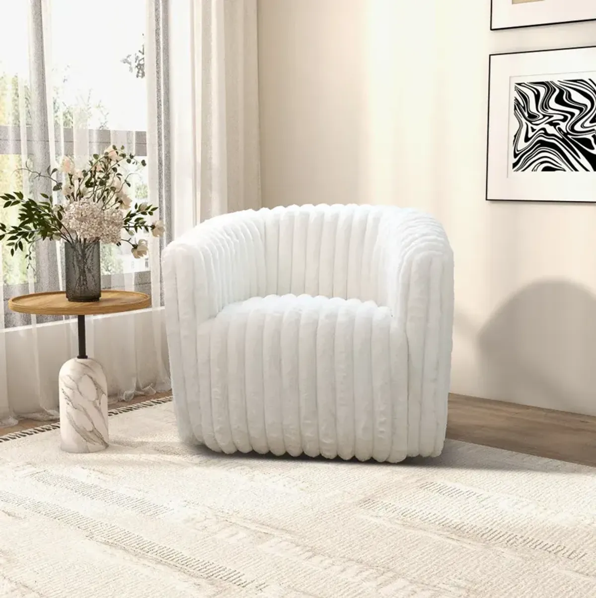 Mayfield White Soft Plush Fabric Swivel Chair