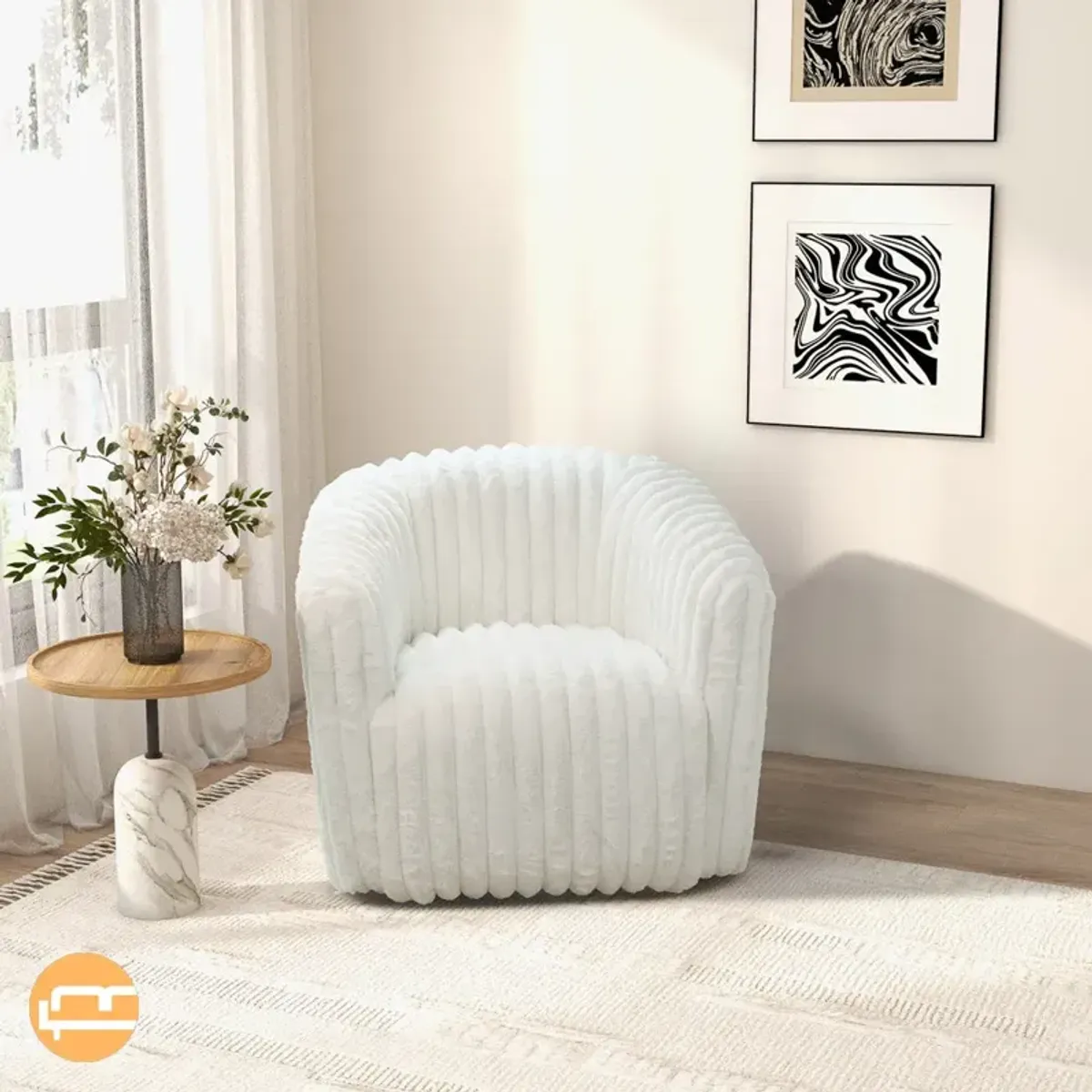 Mayfield White Soft Plush Fabric Swivel Chair