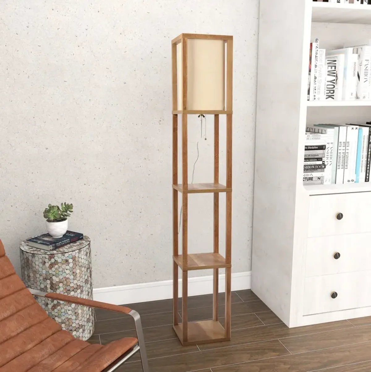 Pinnacle Shelf Floor Lamp For Bedroom/Living Room, Natural Wood with Long Shade