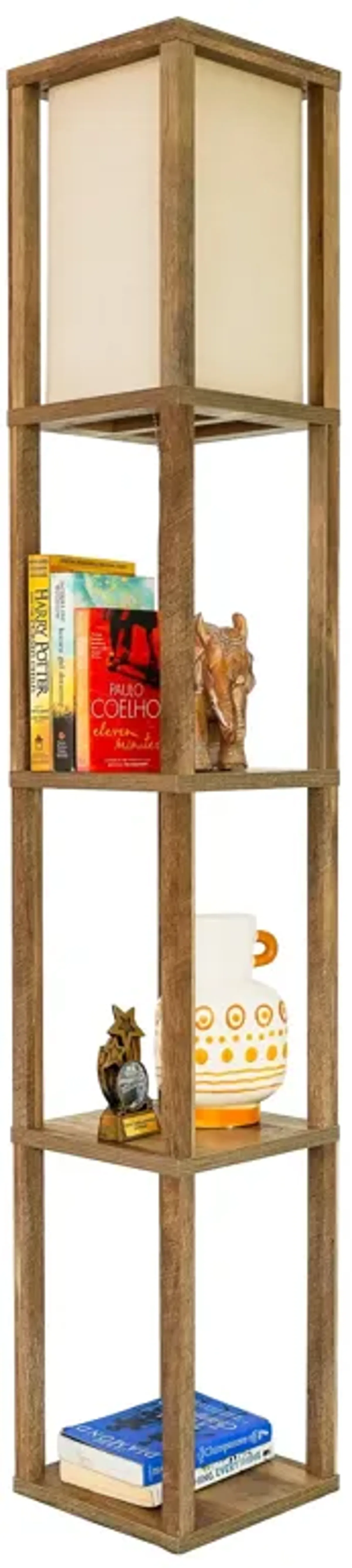 Pinnacle Shelf Floor Lamp For Bedroom/Living Room, Natural Wood with Long Shade