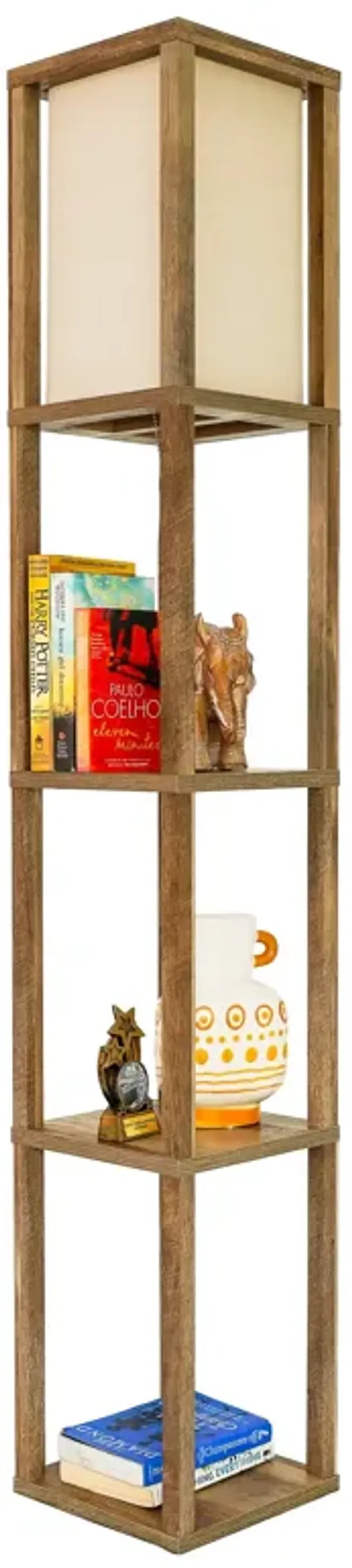 Pinnacle Shelf Floor Lamp For Bedroom/Living Room, Natural Wood with Long Shade