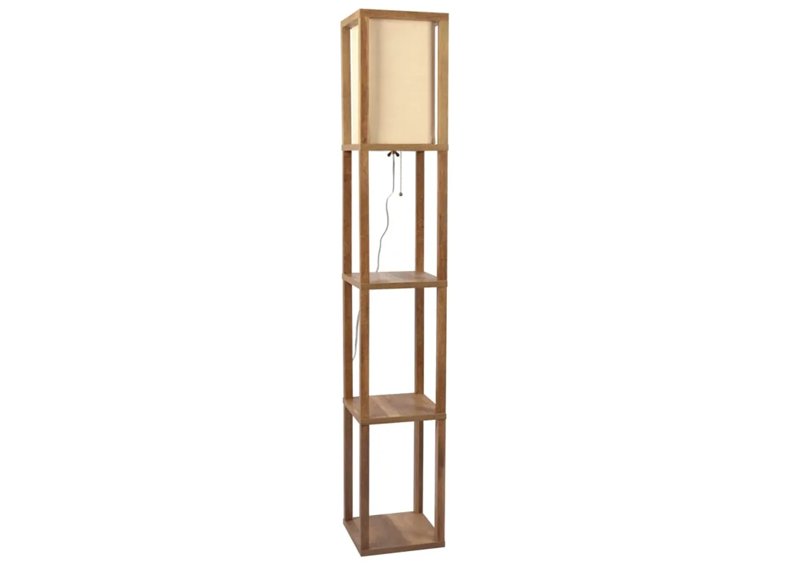 Pinnacle Shelf Floor Lamp For Bedroom/Living Room, Natural Wood with Long Shade