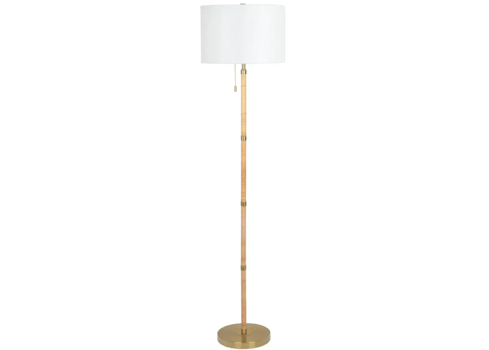 Stellar Wood Rattan Tube , Gold Brass Metal and White Linen Shade Floor Lamp