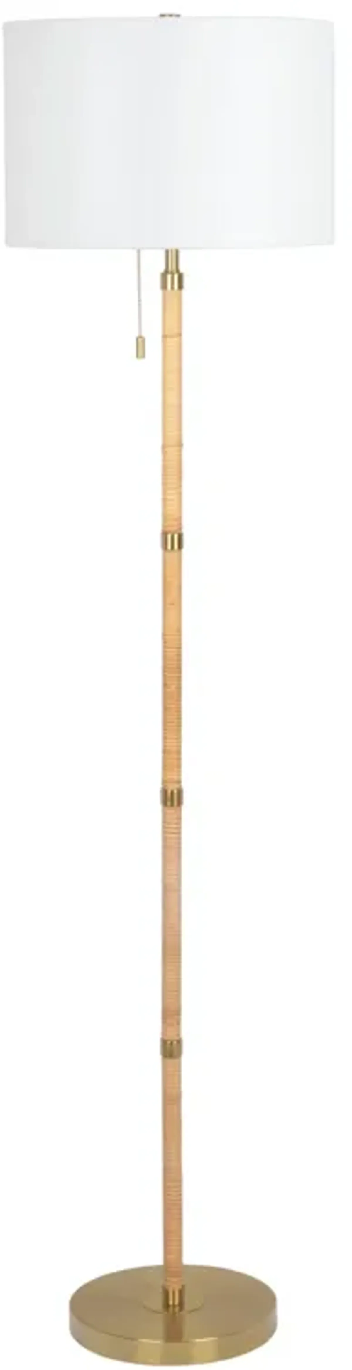 Stellar Wood Rattan Tube , Gold Brass Metal and White Linen Shade Floor Lamp