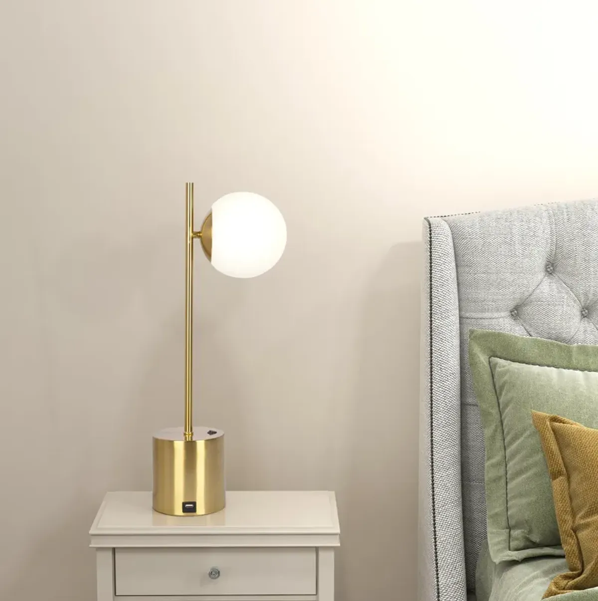 Ethereal Modern Small Brass Metal Table Lamp, Desk Lamp Fixture with White Glass Globe Shade