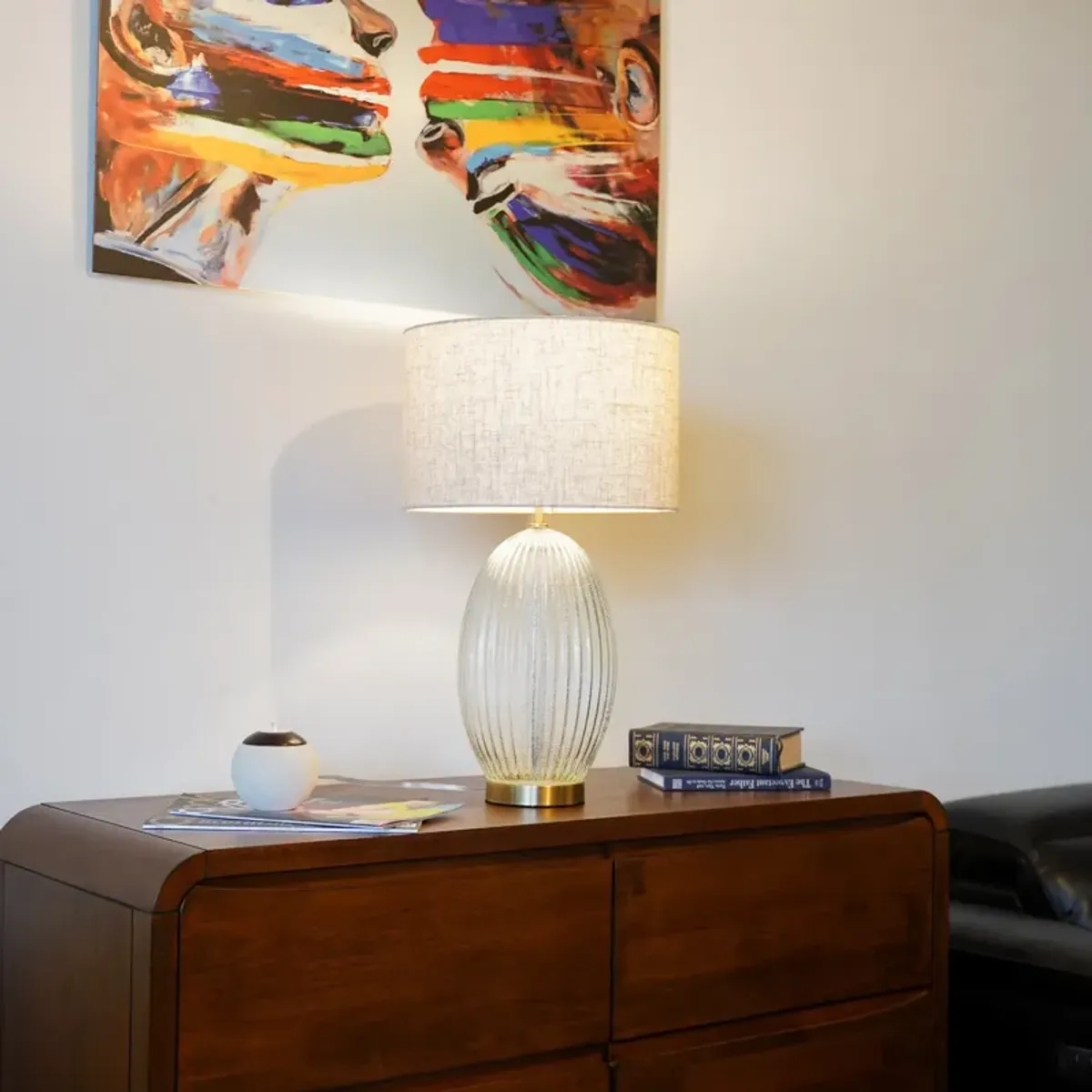 Aurora Ribbed Glass Lamp Base Clear Table Lamp Large Polyester Shade