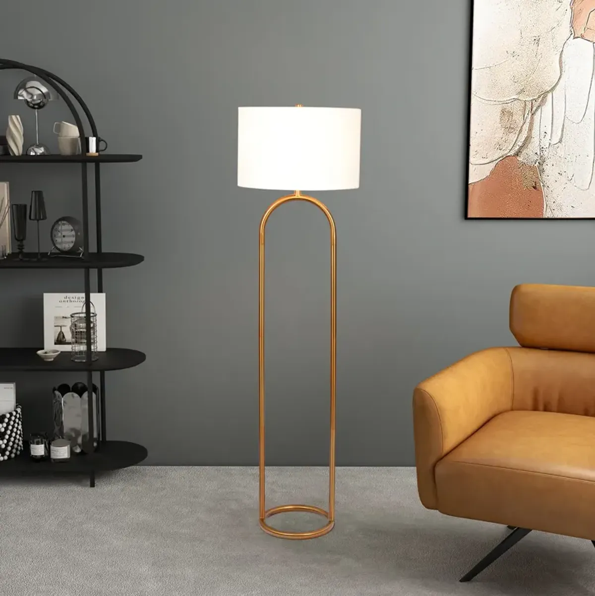 Vivid Brass Ring Base Floor Lamp with Large White Drum Shade