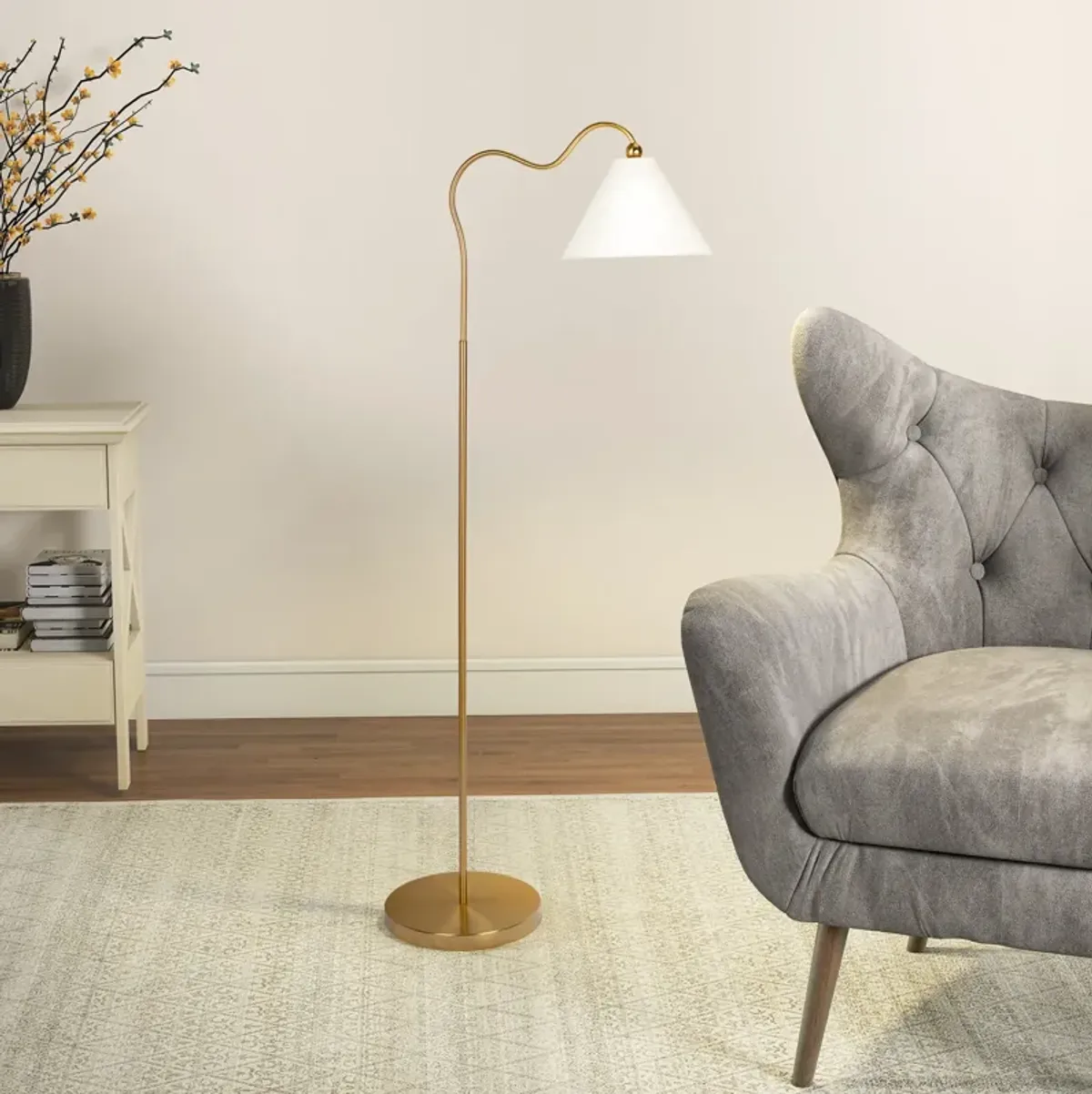 Majestic Brass Ring Base Floor Lamp with Triangle White Drum Shade