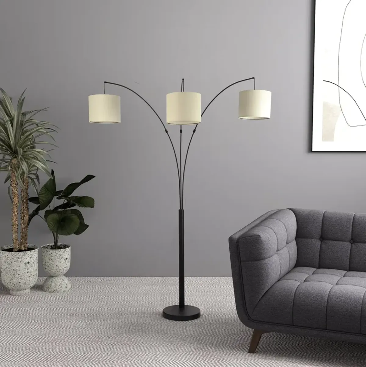 Royal 3-Arm Metal Arc Floor Lamp, Oil Rubbed Bonze with Linen Shade, 4 way Rotary Switch