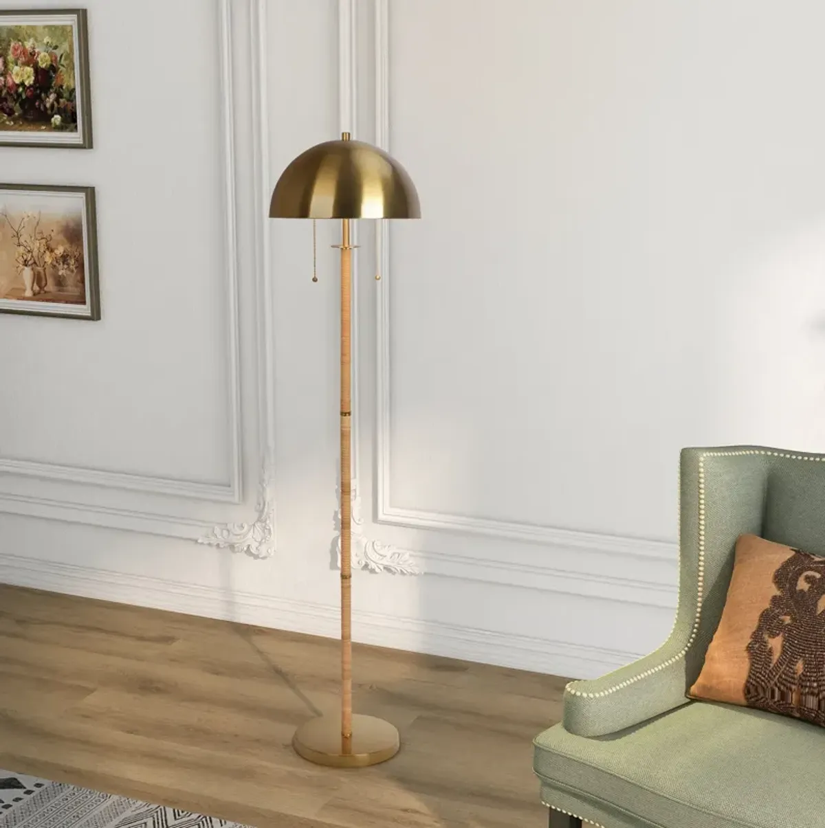 Allure 2-Light Floor Lamp, Gold Brass, Natural Rattan Tube , Double On/Off Pull Chain