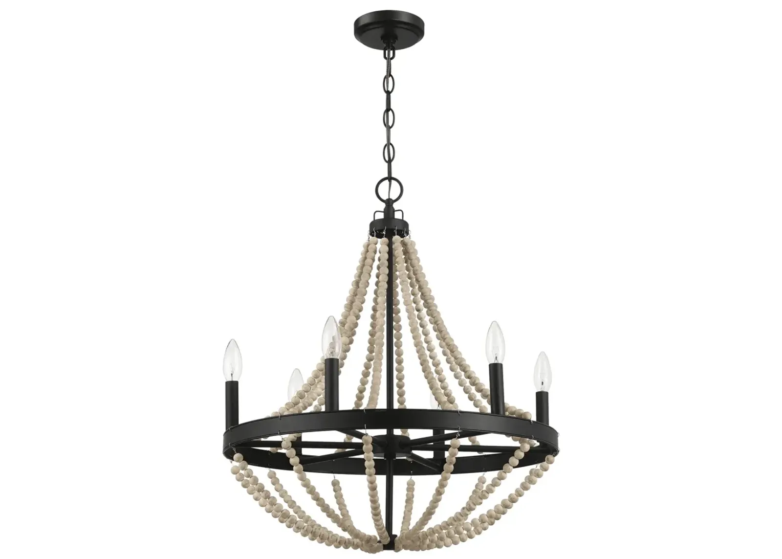 Starry Wood Chandelier Farmhouse Six Candle Light Wood Beaded Black Pendant Light for Dining Room