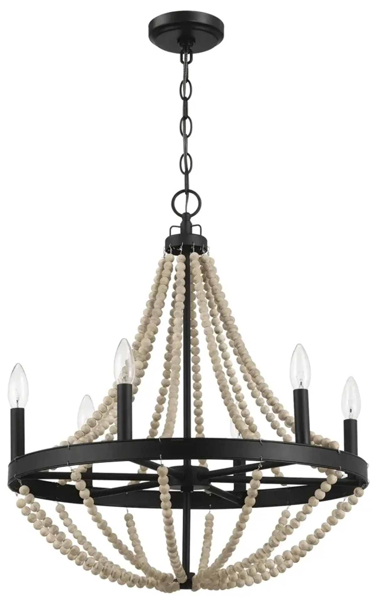 Starry Wood Chandelier Farmhouse Six Candle Light Wood Beaded Black Pendant Light for Dining Room