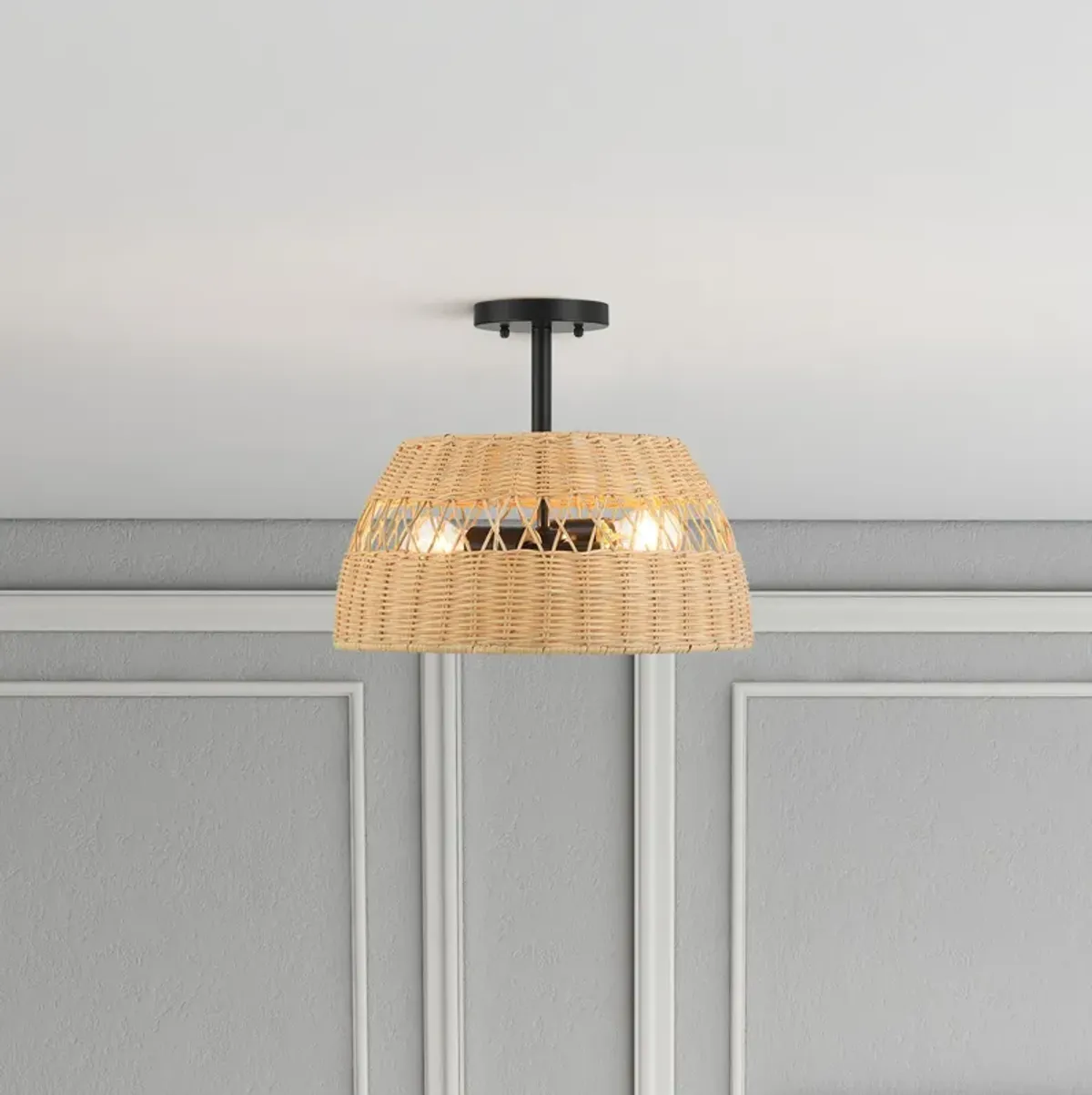 Twinkle Double Lights Semi Flush With Rattan Shade Black Metal Finish for Farmhouse Style