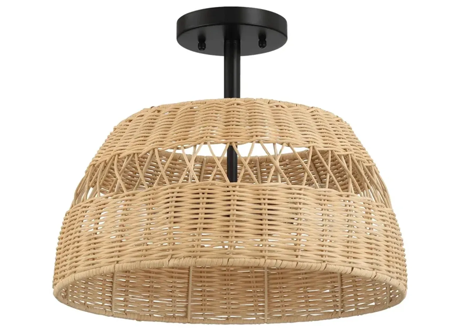 Twinkle Double Lights Semi Flush With Rattan Shade Black Metal Finish for Farmhouse Style