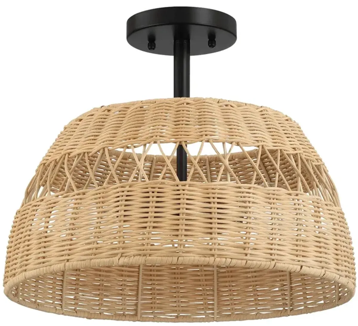 Twinkle Double Lights Semi Flush With Rattan Shade Black Metal Finish for Farmhouse Style