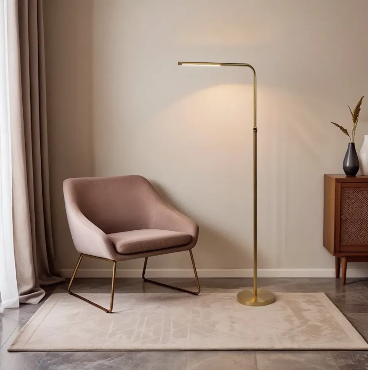 Verve Brassed Gold Floor Lamp with On/Off Switch Adjustable Led Round Base