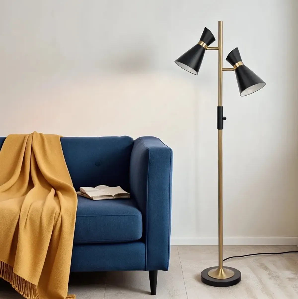 Axis Brassed Gold Floor Lamp with 4-Way Switch Double Spots with Metal Base