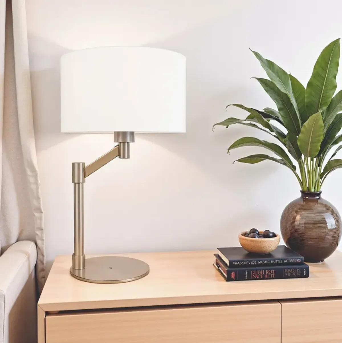 Horizon Brushed Nickel Table Lamp with On/Off Switch Metal Base Linen Shade