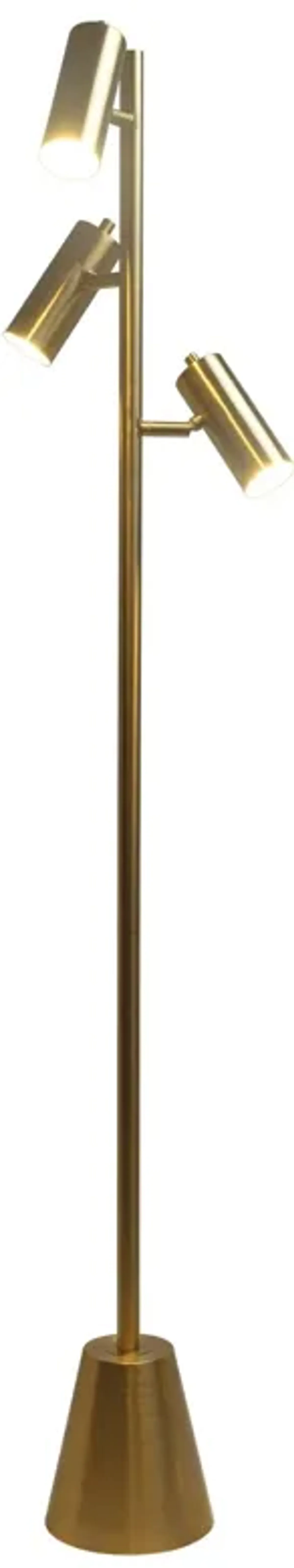 Lumina Brassed Gold Floor Lamp with Rotary Switch Triple Spots Metal Cone Base