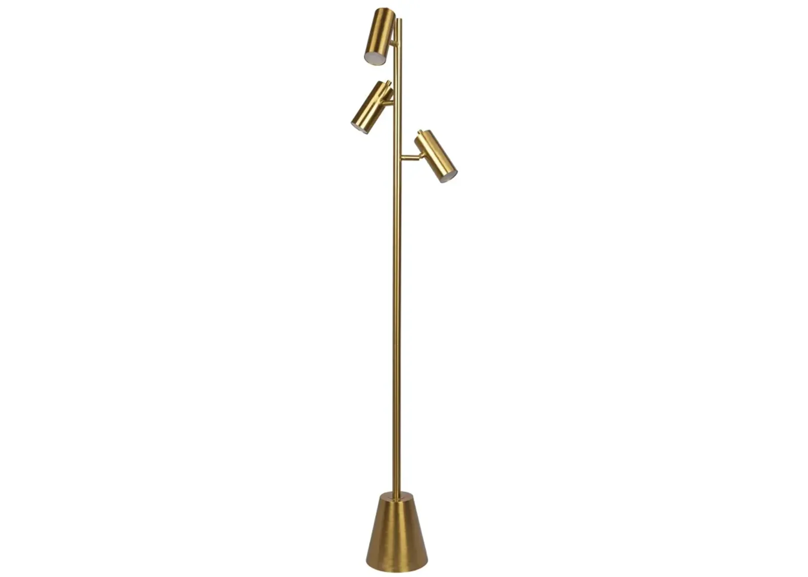 Lumina Brassed Gold Floor Lamp with Rotary Switch Triple Spots Metal Cone Base