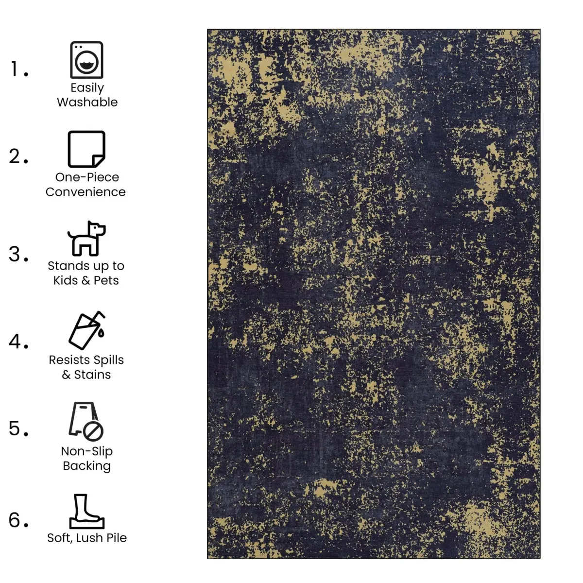 Layla 2' x 3' Black/Gold Machine Washable Low-Pile, Non-Slip, Non-Shedding, Foldable, Kid & Pet Friendly Area Rug