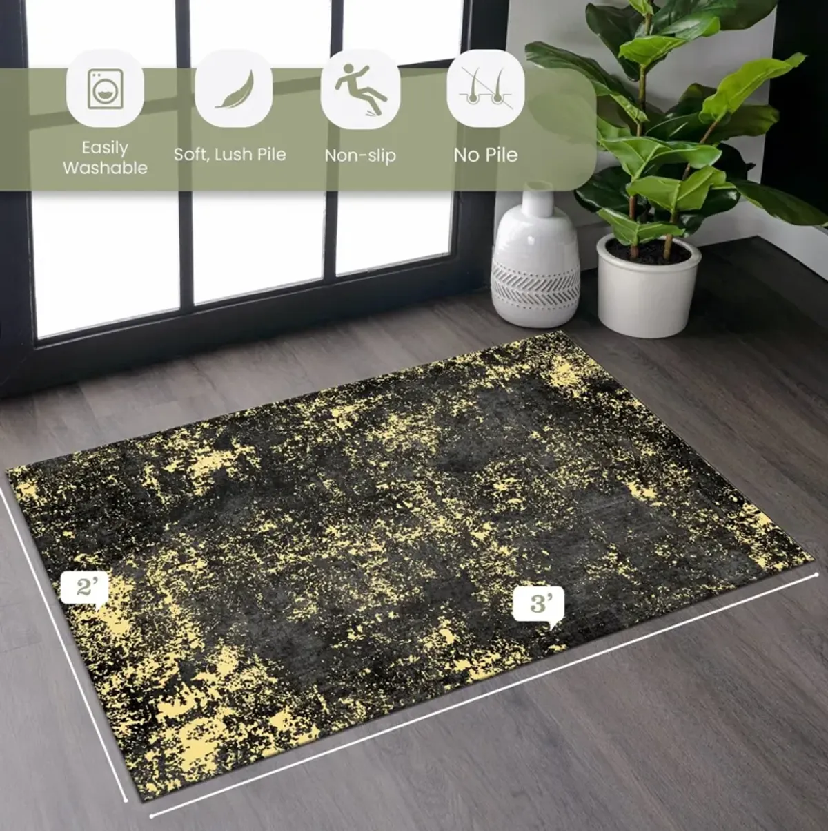 Layla 2' x 3' Black/Gold Machine Washable Low-Pile, Non-Slip, Non-Shedding, Foldable, Kid & Pet Friendly Area Rug