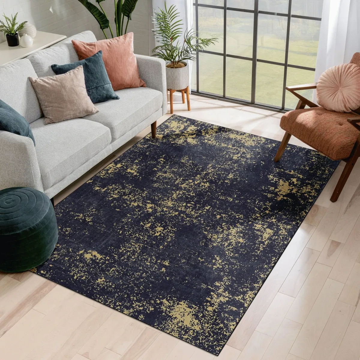 Layla 2'6'' x 10' Black/Gold Machine Washable Low-Pile, Non-Slip, Non-Shedding, Foldable, Kid & Pet Friendly Area Rug